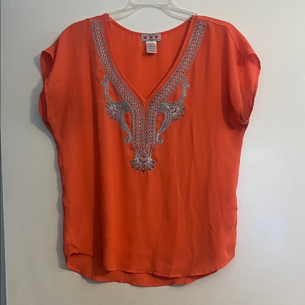 Three Hearts Orange Embroidered V-Neck Blouse